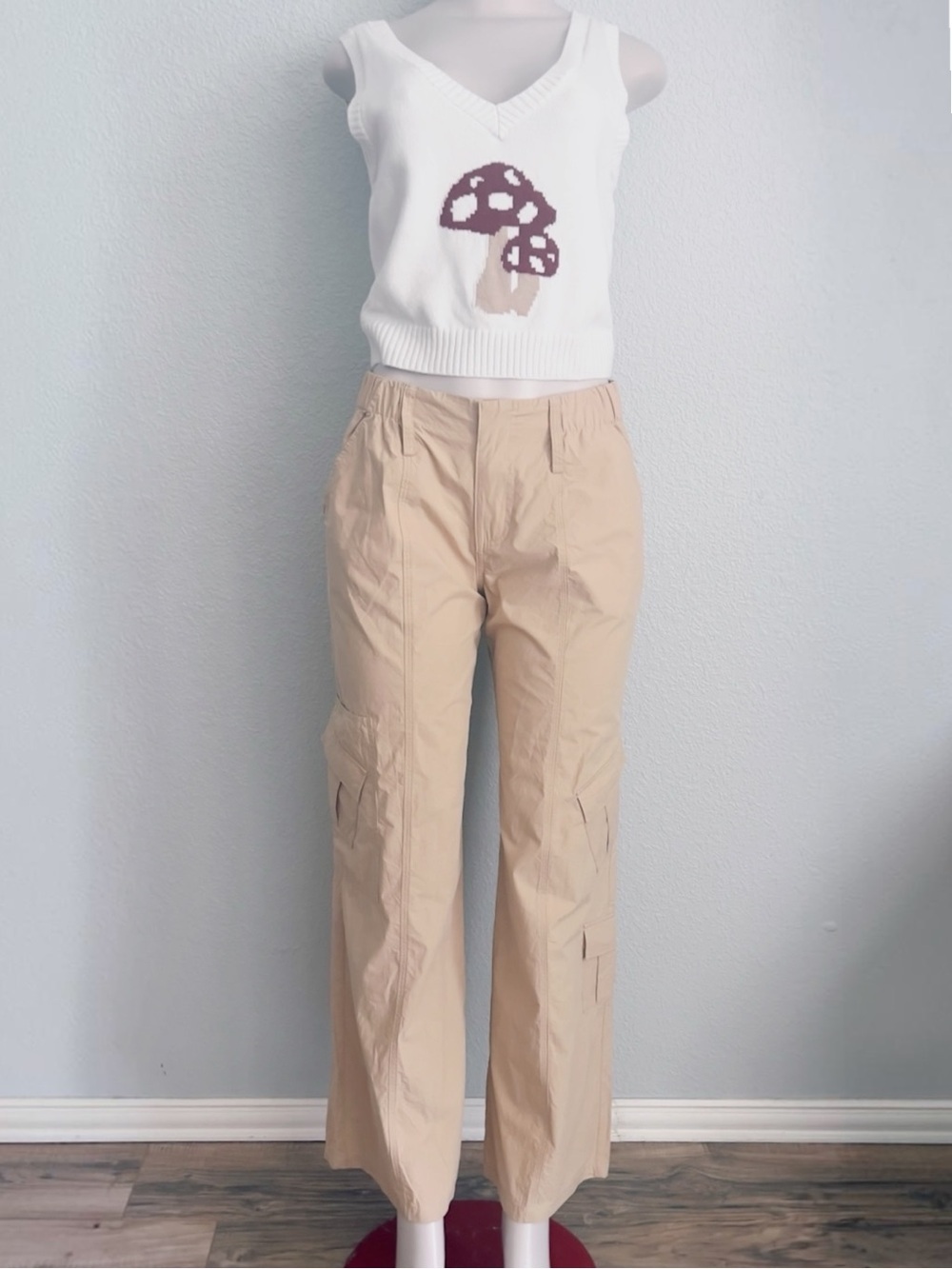 Elodie Cargo Khaki Pants SZ M Elastic Back Waist 100% Cotton